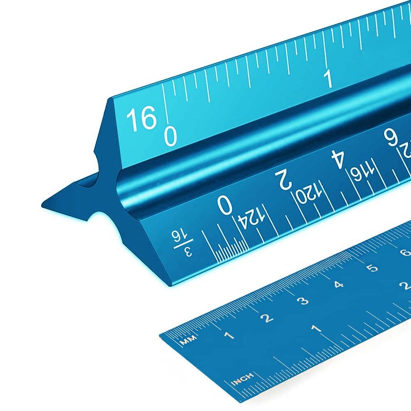 Rena Chris 2PCS Architectural Scale Ruler: 12"" Imperial Aluminum Triangular Scale Ruler, Laser-Etched Architecture Ruler, Drafting & Architect Ruler for Architects, Students, Draftsman(Blue) - Image 1